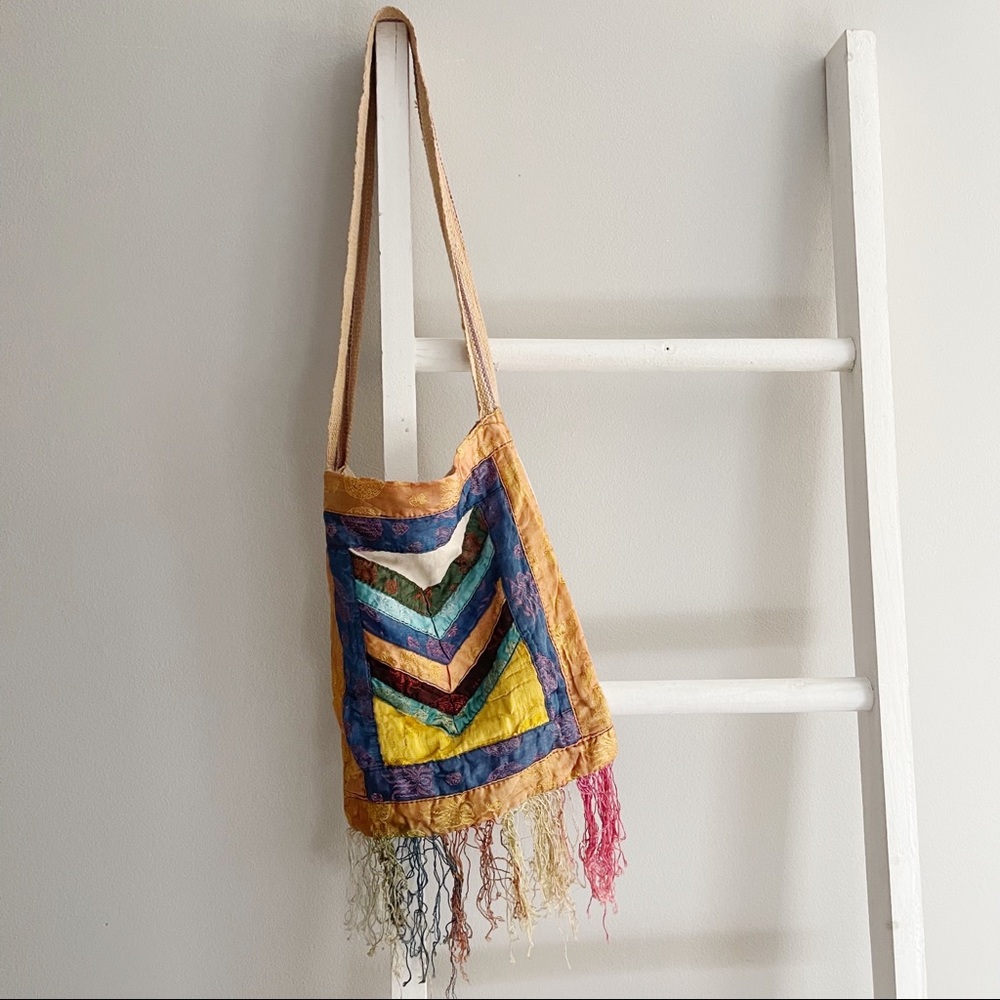 Genuine Vintage Patchwork crossbody Tote Bag with Fringe